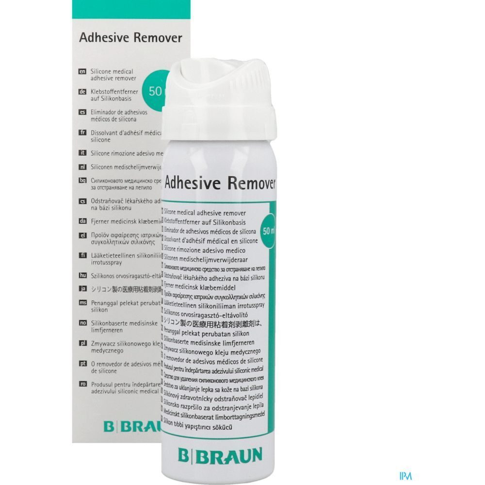 B. Braun, dissolvant adhésif en spray et emballage. Inscription: Adhesive Remover, 50 ml.