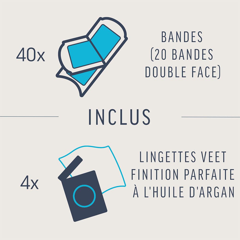 Contient: 40 bandes de cire (20 bandes double face) et 4 lingettes à l'huile d'argan.