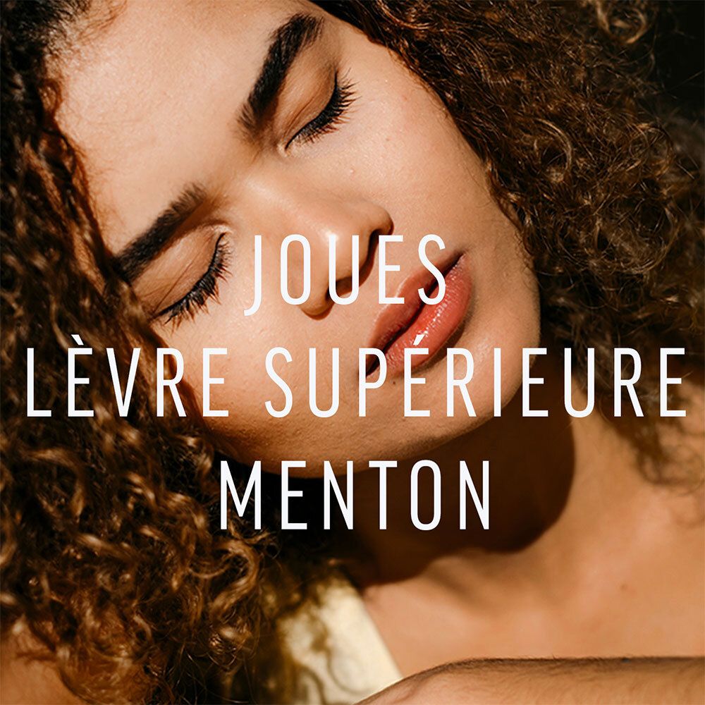Gros plan d'un visage. Inscription: Joues, lèvre supérieure, menton.