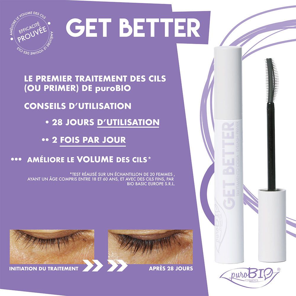 Produktverpackung mit Mascara und Bürste. Text: GET BETTER, puroBIO. Lila Hintergrund.