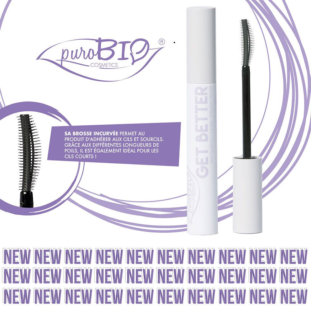 Mascara und Bürste. Weißer Behälter mit lila Schriftzug GET BETTER. Logo puroBIO.