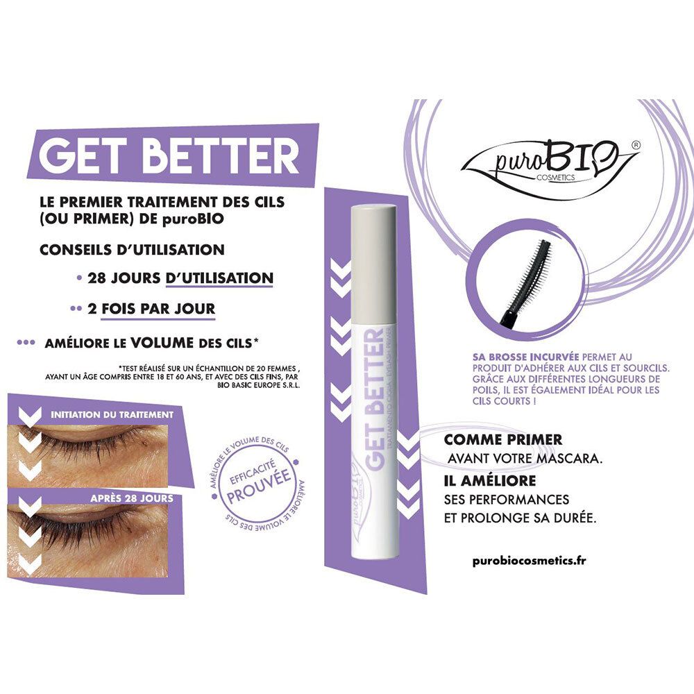 Produktverpackung mit Mascara und Bürste. Text: GET BETTER, puroBIO. Lila Hintergrund.