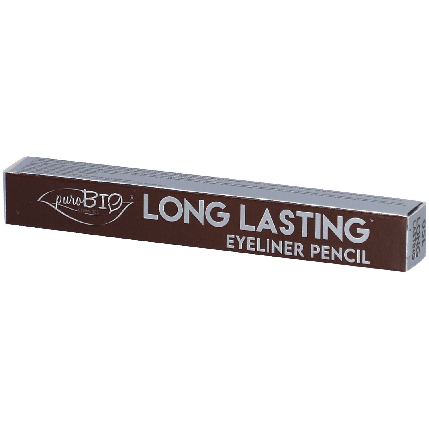 Emballage marron avec texte blanc. Inscription : puroBIO, LONG LASTING EYELINER PENCIL.