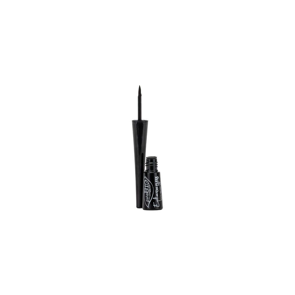 Eyeliner noir avec applicateur. Flacon et bouchon noirs. L'applicateur est un pinceau fin.