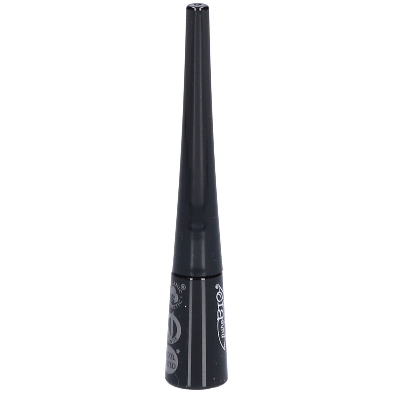 Flacon d'eyeliner noir avec bouchon pointu. Du texte est visible sur le flacon. Le bouchon est conique.