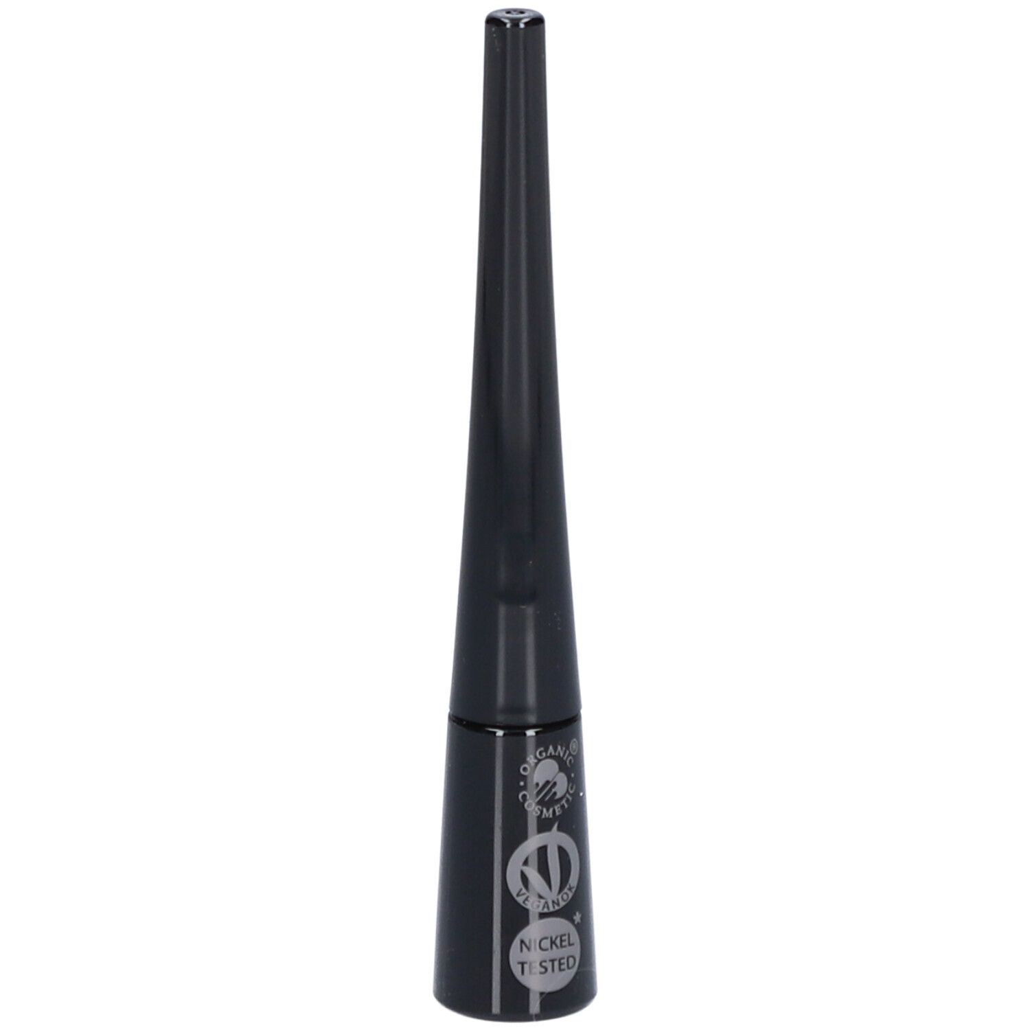 Flacon d'eyeliner noir avec bouchon pointu. Du texte est visible sur le flacon. Le bouchon est conique.