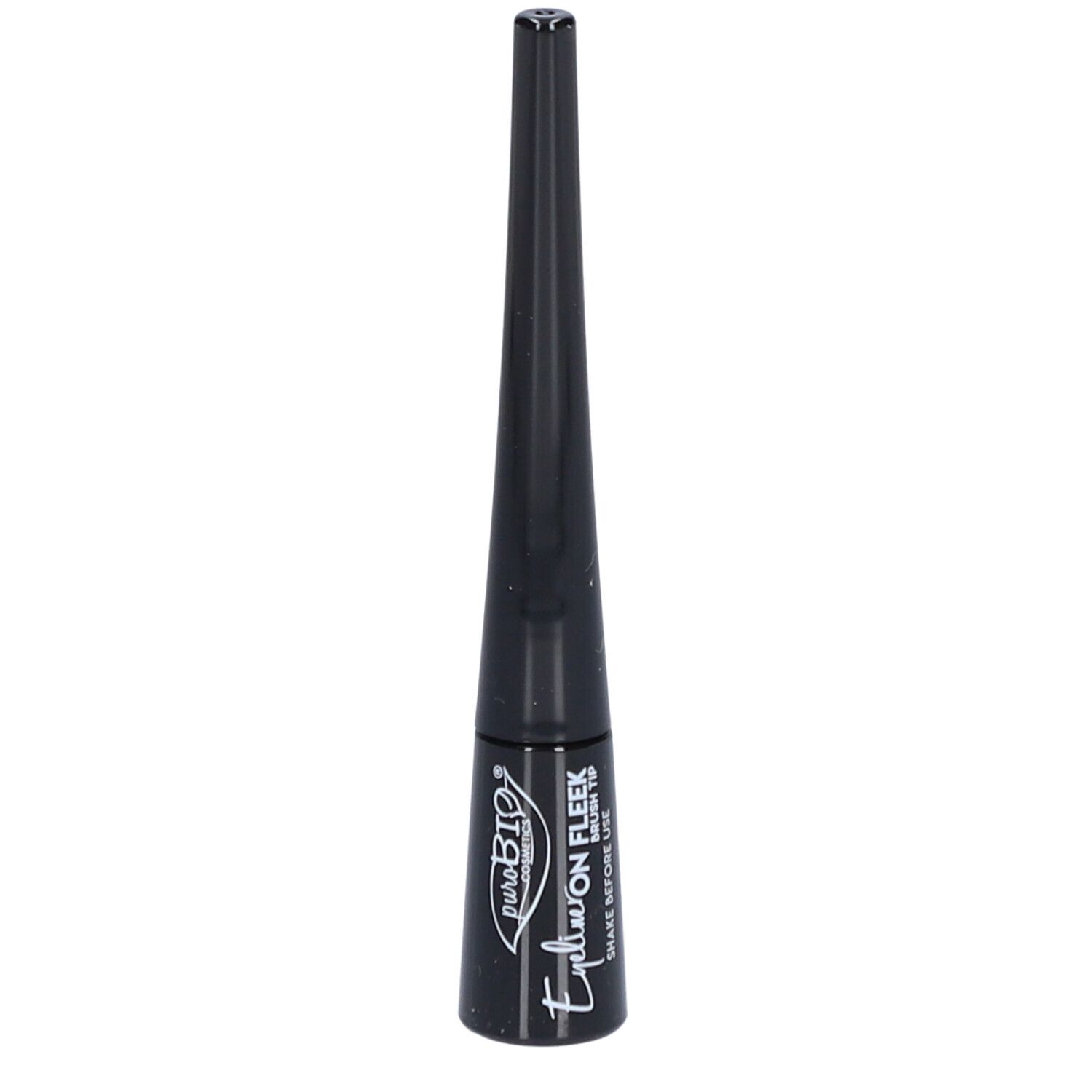Flacon d'eyeliner noir avec bouchon pointu. Du texte est visible sur le flacon. Le bouchon est conique.