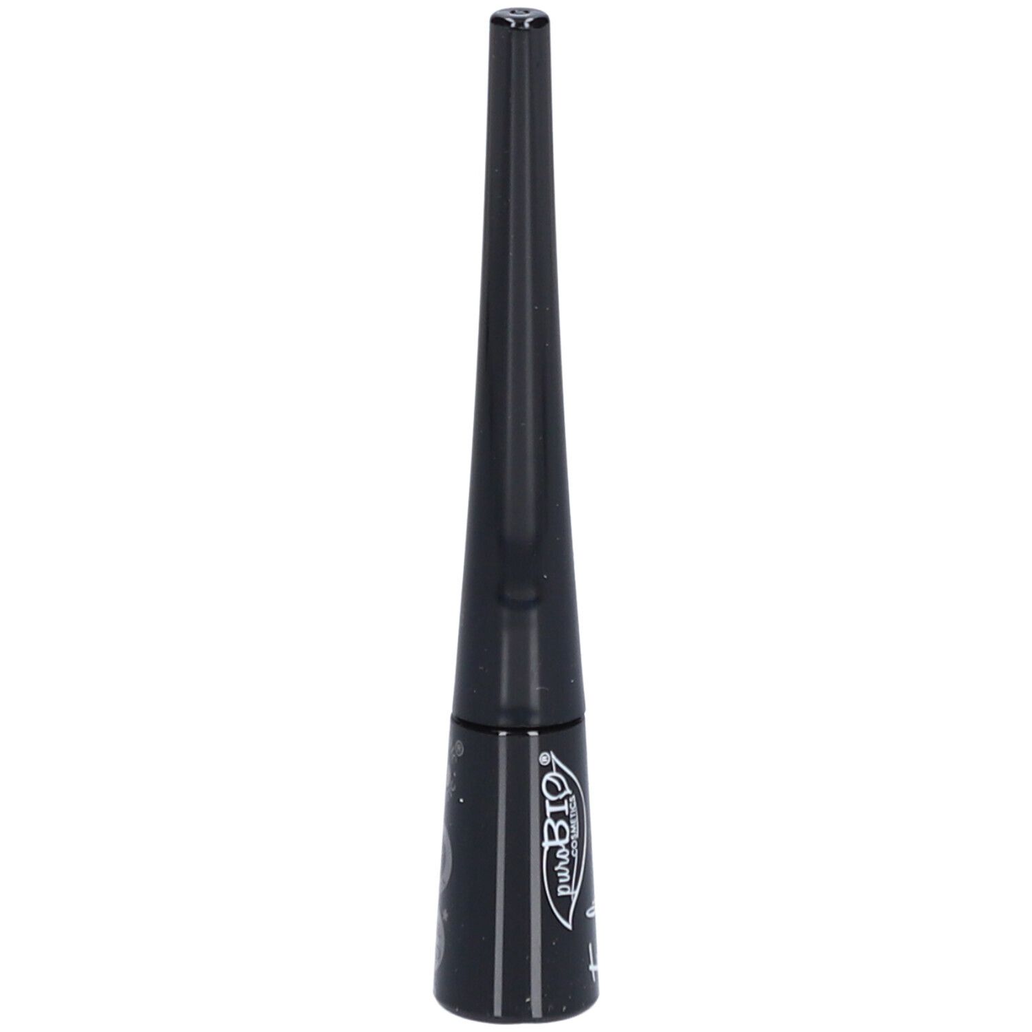 Flacon d'eyeliner noir avec bouchon pointu. Du texte est visible sur le flacon. Le bouchon est conique.