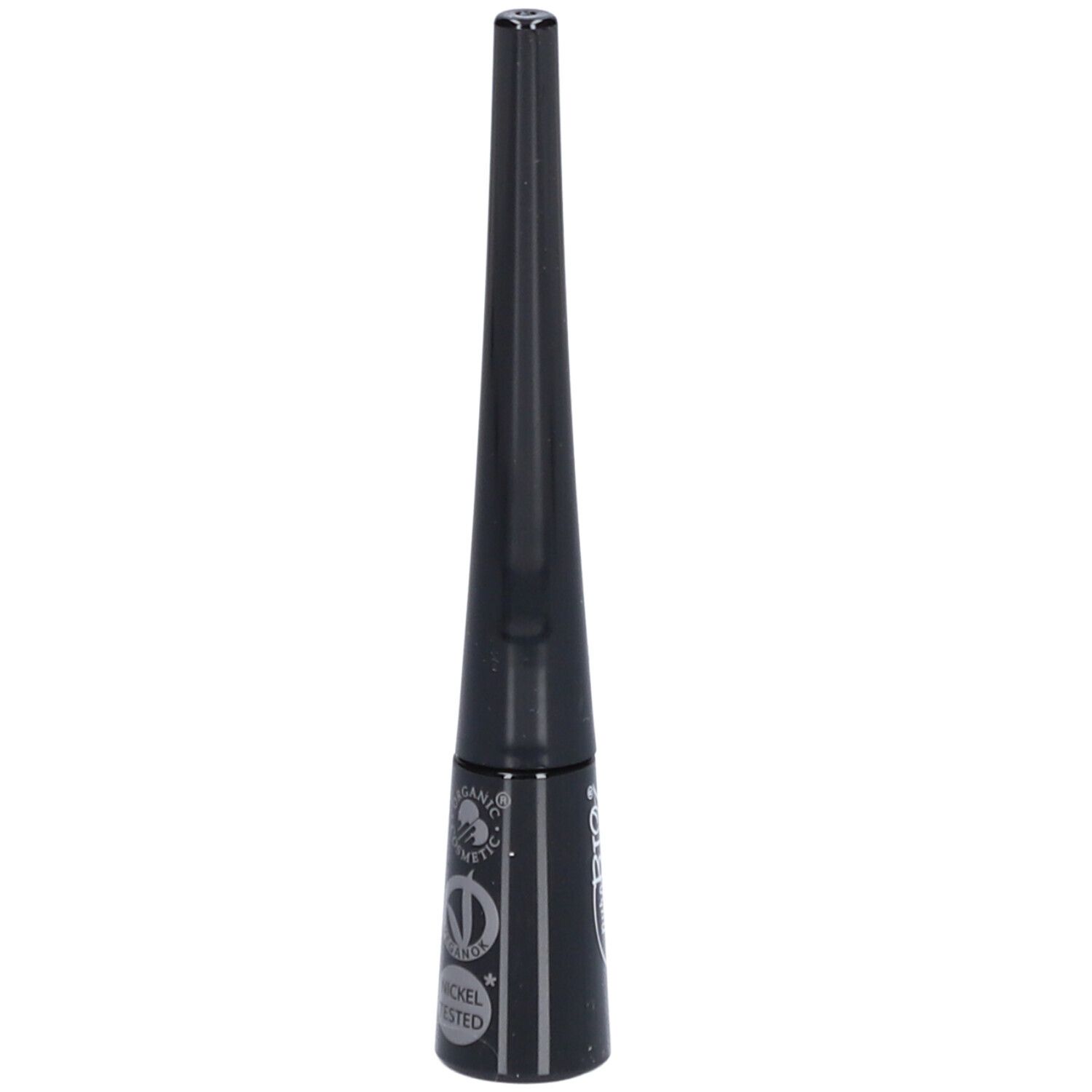 Flacon d'eyeliner noir avec bouchon pointu. Du texte est visible sur le flacon. Le bouchon est conique.