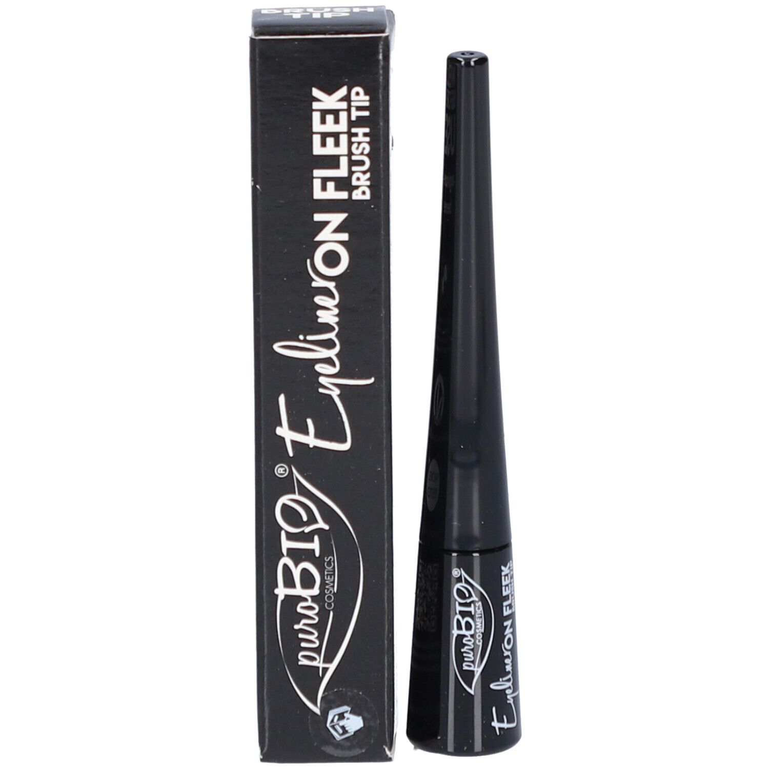 Flacon d'eyeliner noir avec bouchon pointu et emballage. Du texte est visible sur le flacon et l'emballage.