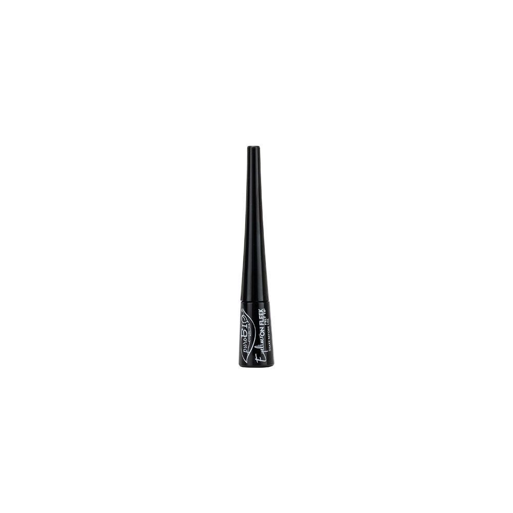 Flacon d'eyeliner noir avec bouchon pointu. Le bouchon est conique. Du texte est visible sur le flacon.