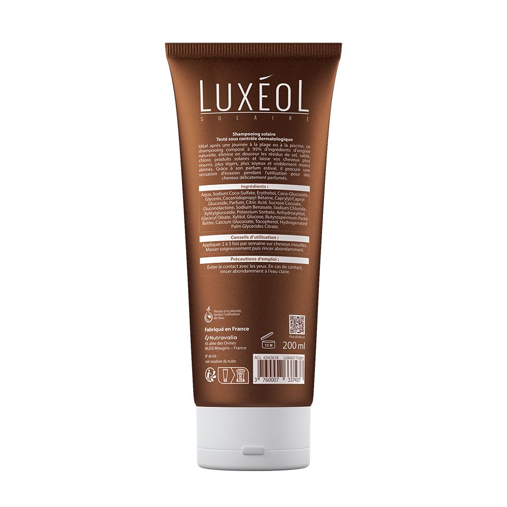 Dos du tube brun LUXÉOL Shampoing Solaire. Ingrédients, conseils d'utilisation et origine. Contenance 200 ml.