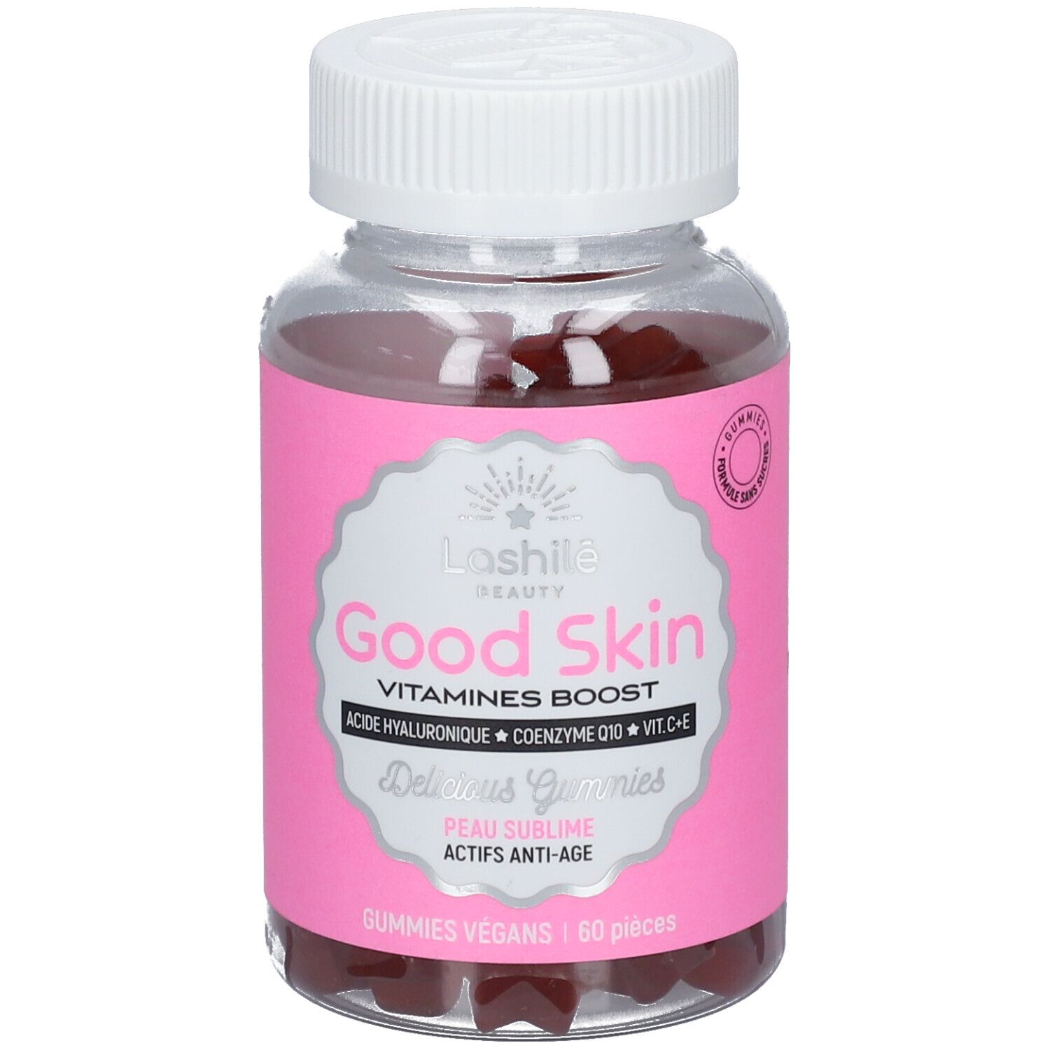Flacon transparent avec étiquette rose. Inscription: Lashilé Beauty Good Skin Gummies. 60 pièces. Vegan.