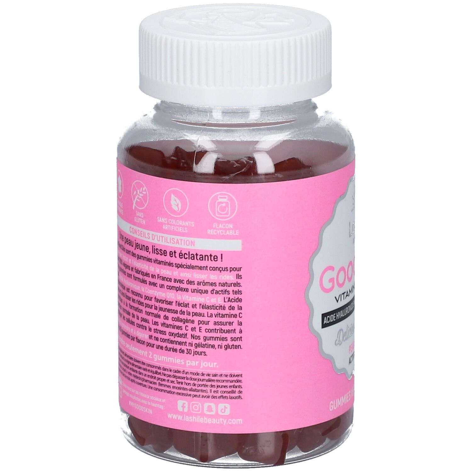 Dos du flacon avec étiquette rose. Texte: conseils d'utilisation, ingrédients, vegan, sans sucre.