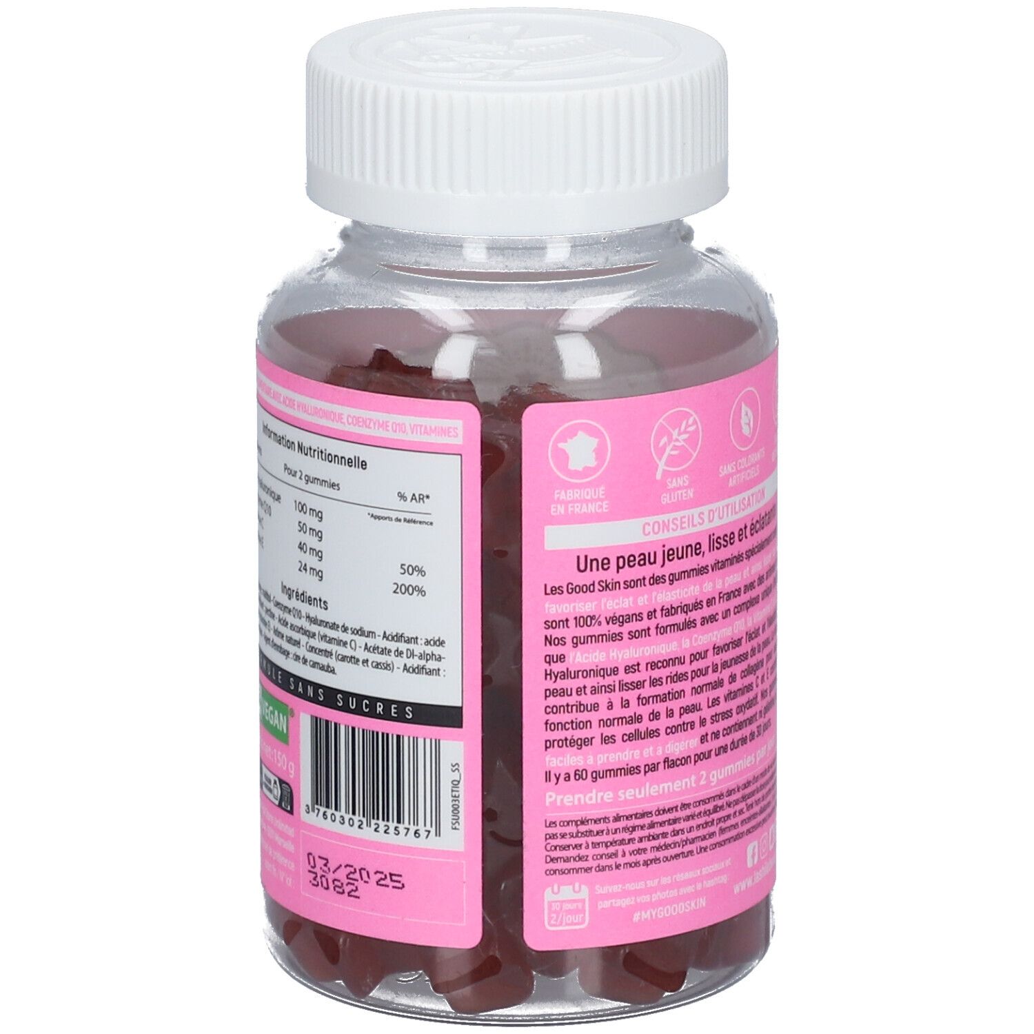 Dos du flacon avec étiquette rose. Texte: informations nutritionnelles, vegan, sans sucre, date de péremption.