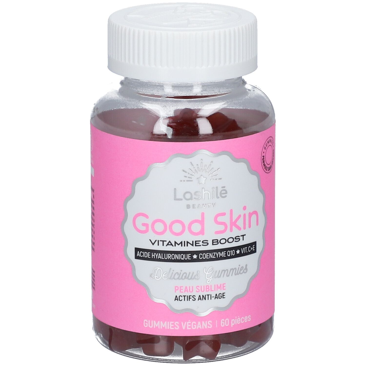 Flacon transparent avec étiquette rose. Inscription: Lashilé Beauty Good Skin Gummies. 60 pièces. Vegan.