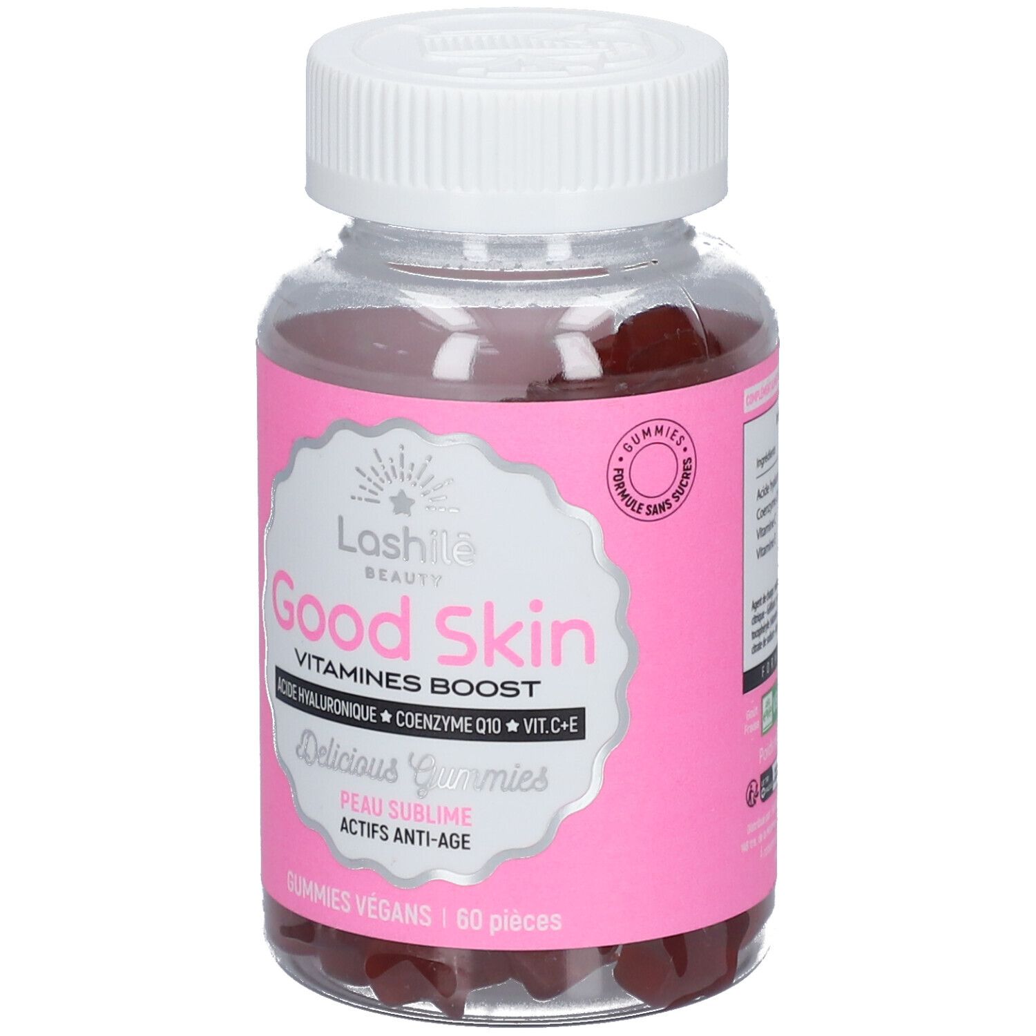 Flacon transparent avec étiquette rose. Inscription: Lashilé Beauty Good Skin Gummies. 60 pièces. Vegan.