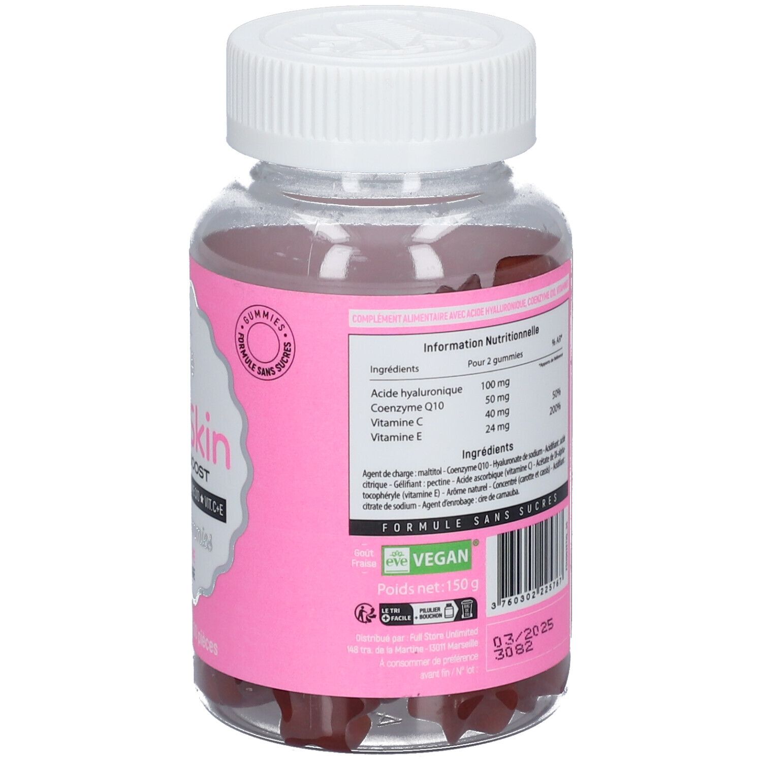 Dos du flacon avec étiquette rose. Texte: informations nutritionnelles, vegan, sans sucre, date de péremption.