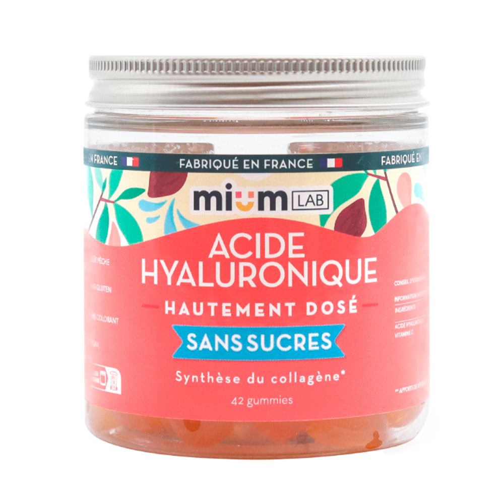 Pot de gummies. Inscription: Acide Hyaluronique, Sans Sucres. 42 gummies. Fabriqué en France.