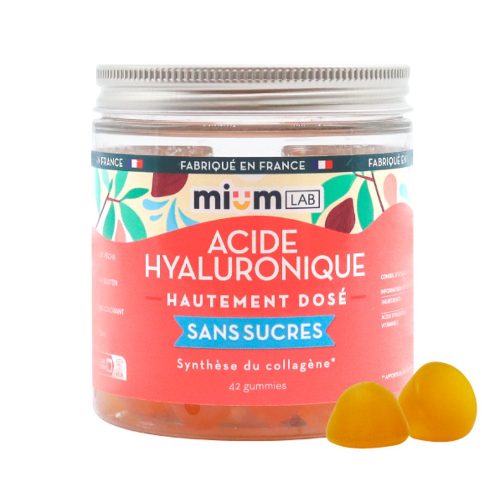 Pot de gummies et deux gummies jaunes. Inscription: Acide Hyaluronique, Sans Sucres. 42 gummies.