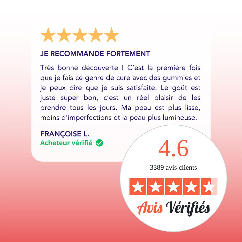 Évaluation avec 4,6 étoiles. Citation: Je recommande fortement ! Ma peau est plus lisse et moins imparfaite.