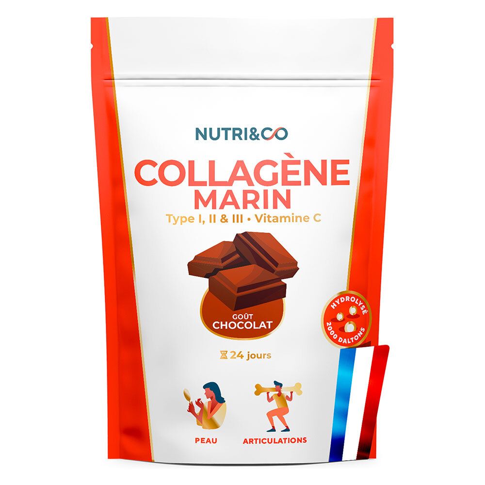 Sachet NUTRI&CO Collagène Marin, goût chocolat. Contient Type I, II & III, vitamine C. Drapeau français.