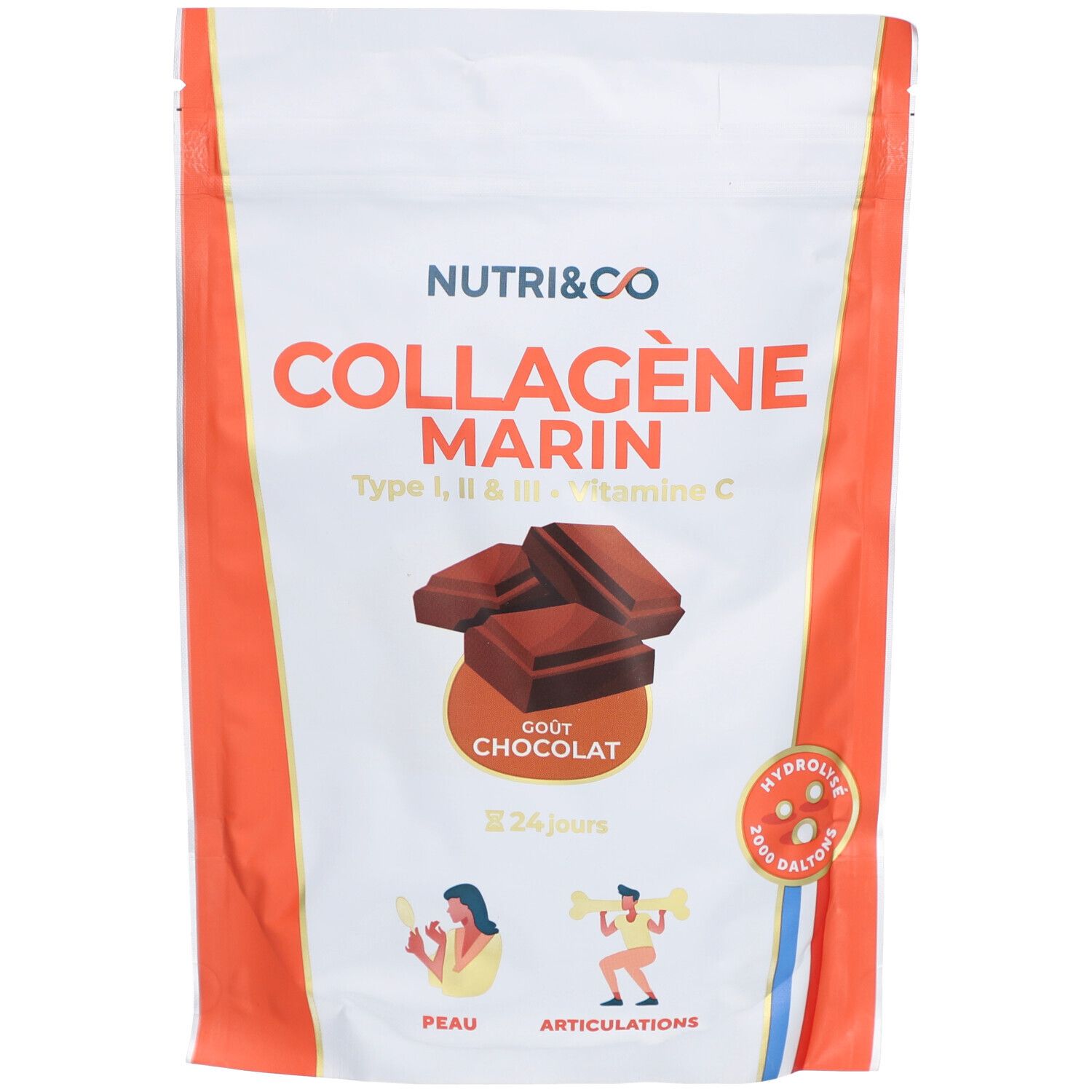 Sachet NUTRI&CO Collagène Marin, goût chocolat. Contient Type I, II & III, vitamine C. Drapeau français.