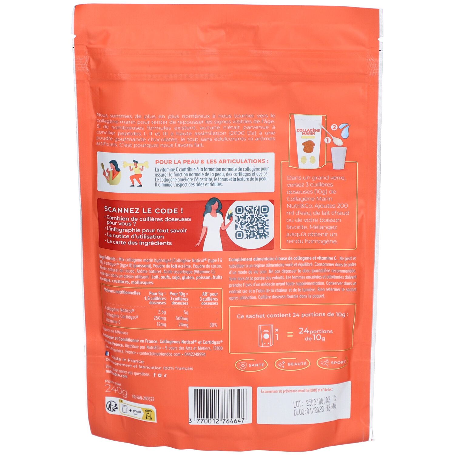 Dos du sachet NUTRI&CO Collagène Marin. Contient des informations sur les ingrédients, l'utilisation et les valeurs nutritionnelles.