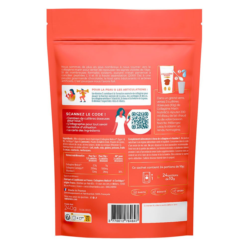 Dos du sachet NUTRI&CO Collagène Marin. Contient des informations sur les ingrédients, l'utilisation et les valeurs nutritionnelles.