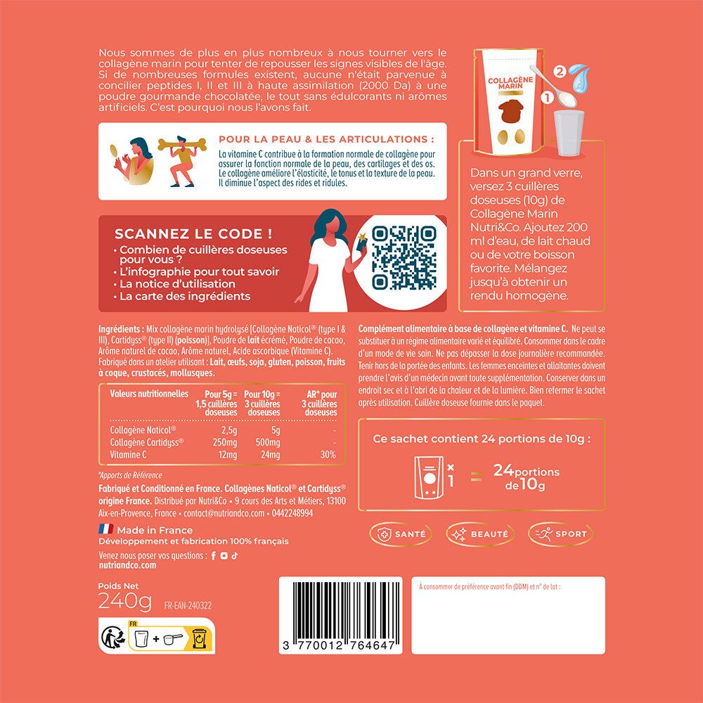 Dos du sachet NUTRI&CO Collagène Marin. Contient des informations sur les ingrédients, l'utilisation et les valeurs nutritionnelles.