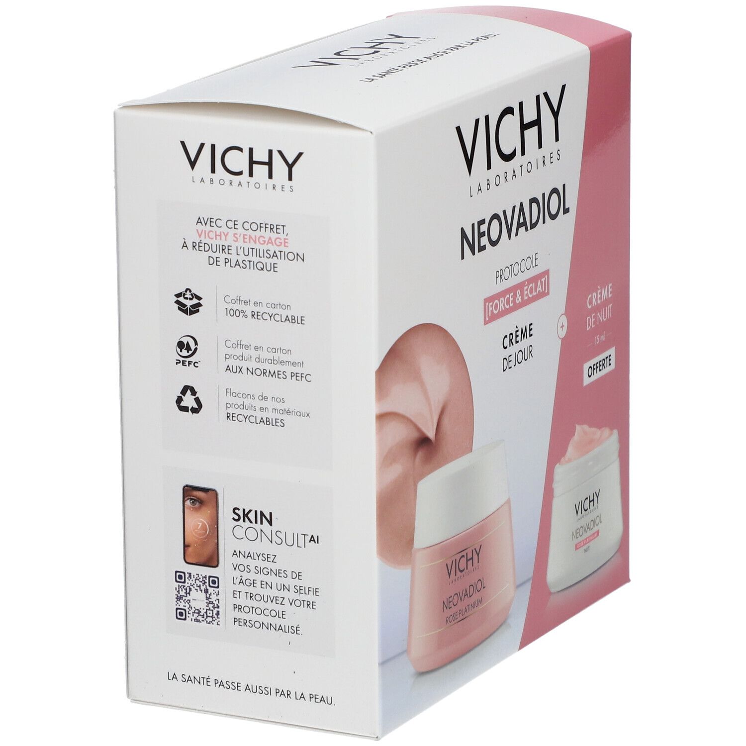Boîte Vichy Neovadiol. Texte: 'Coffret en carton 100% recyclable'. Code QR pour analyse de peau. Symboles de recyclage.