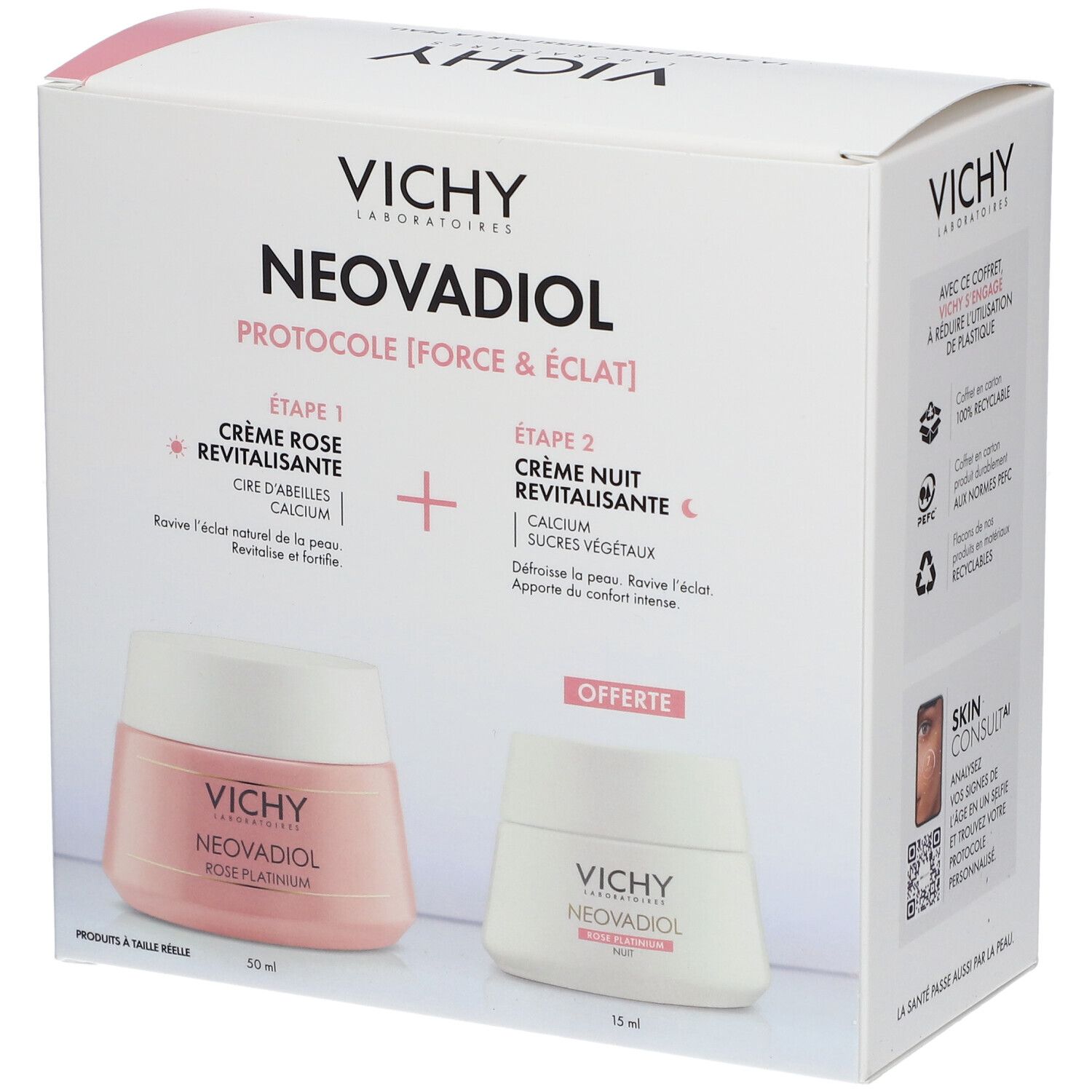 Boîte Vichy Neovadiol. Crème de jour et de nuit. Pots roses et blancs. Texte: 'Crème Rose Revitalisante'. Logo Vichy.