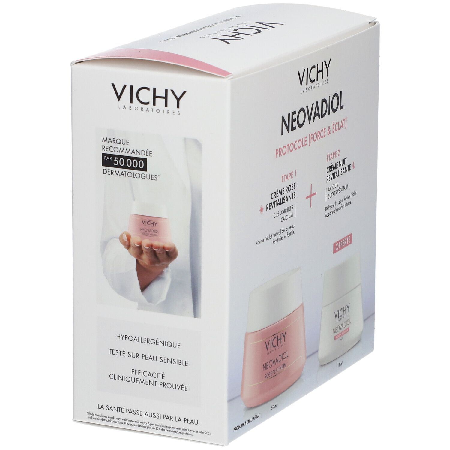 Boîte Vichy Neovadiol. Texte: 'Marque recommandée par 50 000 dermatologues'. Hypoallergénique. Testé.