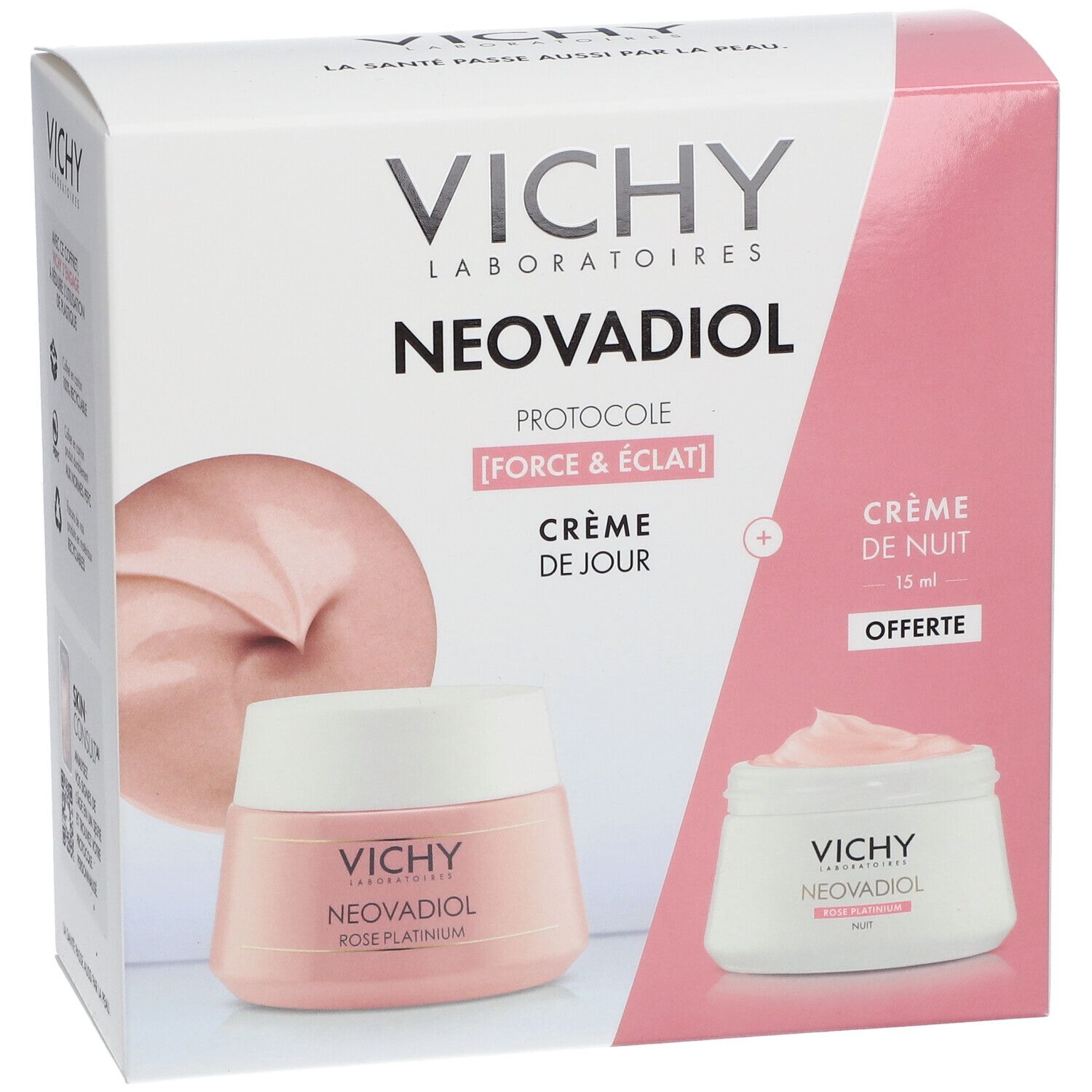 Boîte Vichy Neovadiol. Crème de jour et de nuit OFFERTE. Pots roses et blancs. Texte: 'Crème de jour'. Logo Vichy.