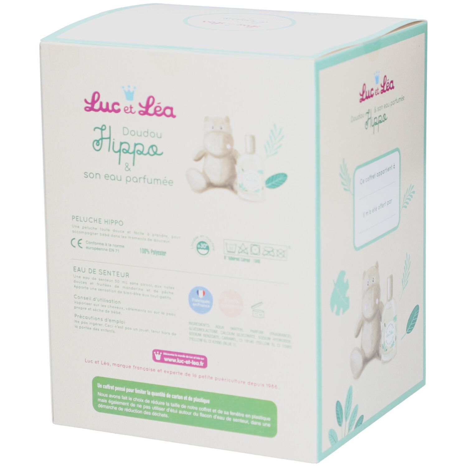 Dos du coffret cadeau Luc & Léa. Texte avec informations produit, illustrations et logos. Marquage CE.
