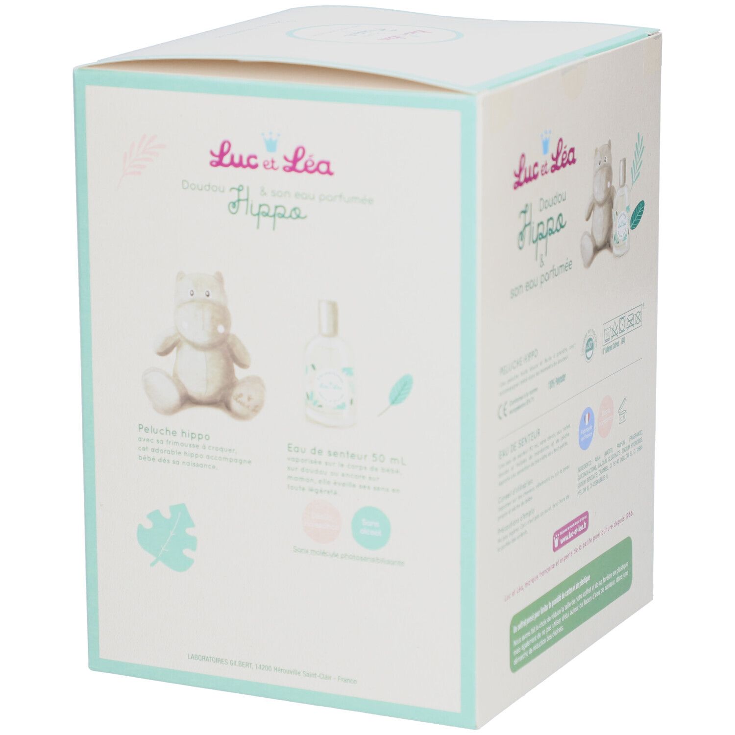 Dos du coffret cadeau Luc & Léa. Illustrations d'hippopotame et eau parfumée. Texte et logos.