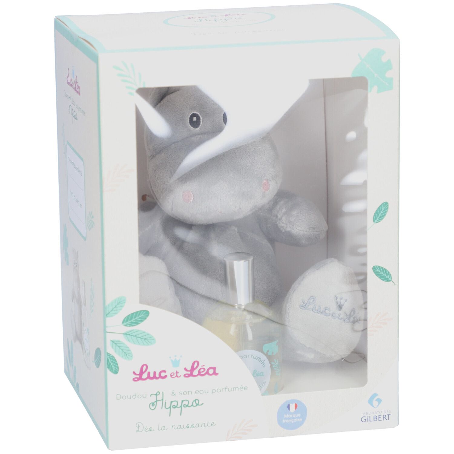 Coffret cadeau avec peluche hippopotame, eau parfumée et coussin. Marque Luc & Léa. Fenêtre transparente.