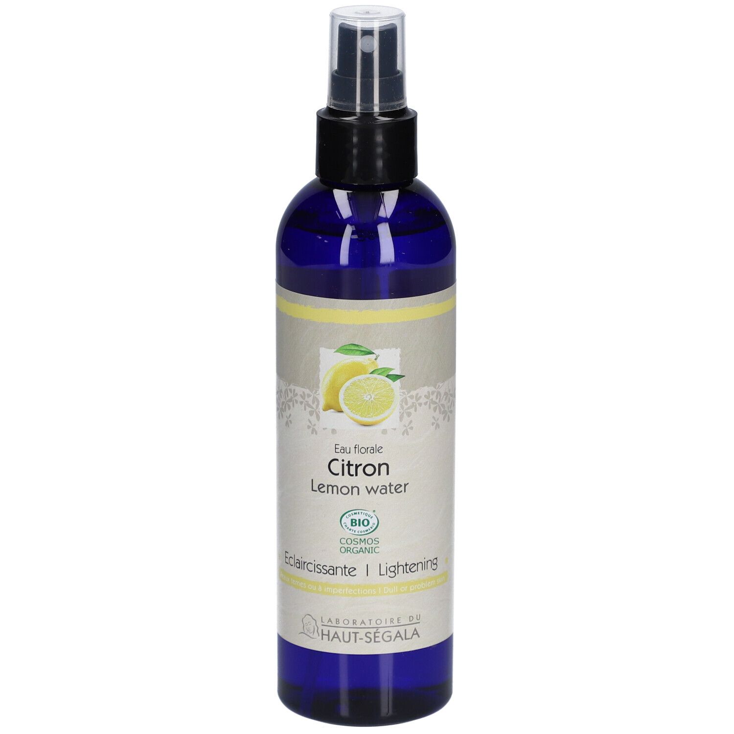 Blaue Flasche mit Zerstäuber. Aufkleber mit Zitrone, Text: Eau florale Citron, Lemon water, Eclaircissante/Lightening, Bio.