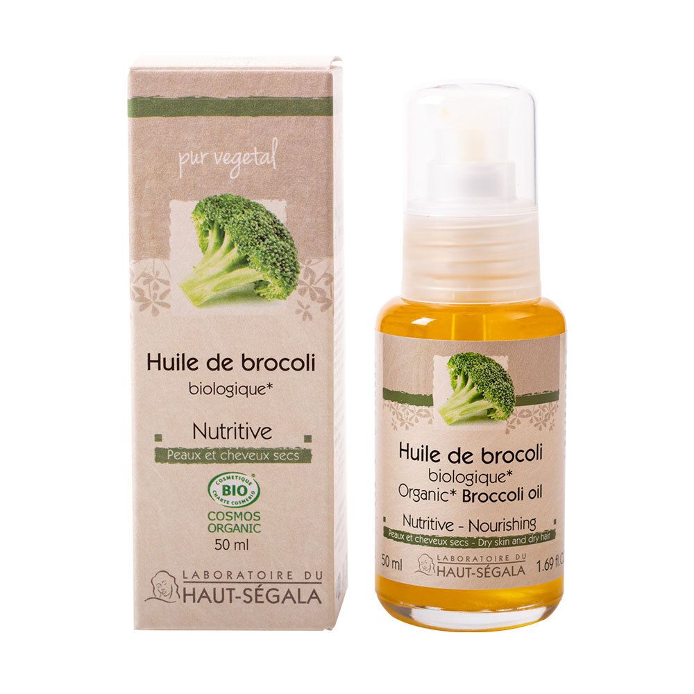 Flacon et boîte d'huile de brocoli. Inscription : Huile de brocoli biologique, Nutritive, Peaux et cheveux secs. Label bio.