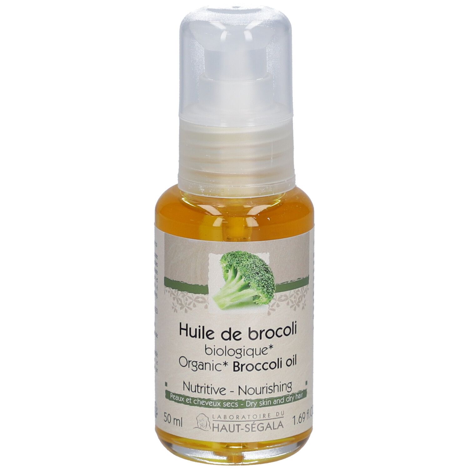 Flacon d'huile de brocoli. Inscription : Huile de brocoli biologique, Nutritive, Peaux et cheveux secs. Avec vaporisateur.