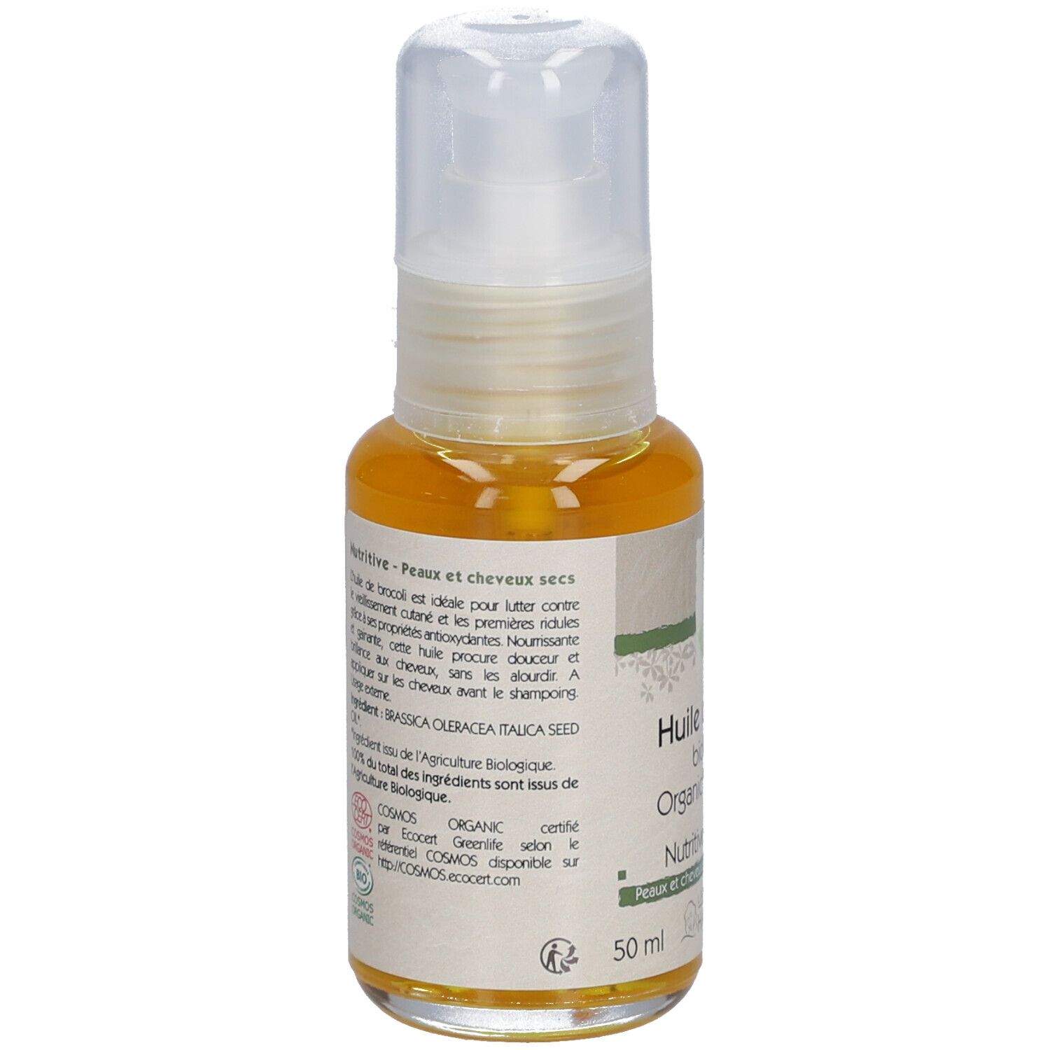 Flacon d'huile de brocoli. Inscription : Huile de brocoli biologique, Nutritive, Peaux et cheveux secs. Avec vaporisateur.