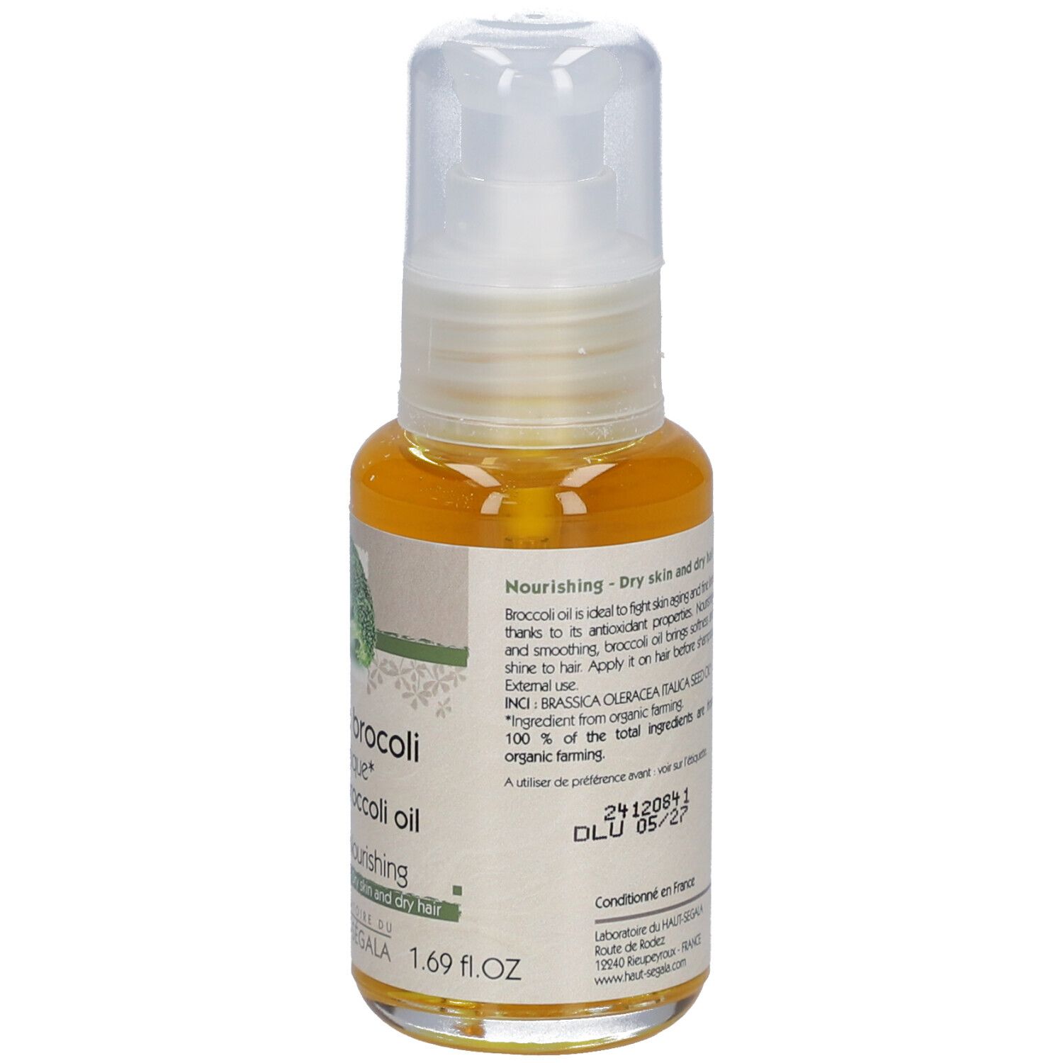 Flacon d'huile de brocoli. Inscription : Huile de brocoli biologique, Nutritive, Peaux et cheveux secs. Avec vaporisateur.