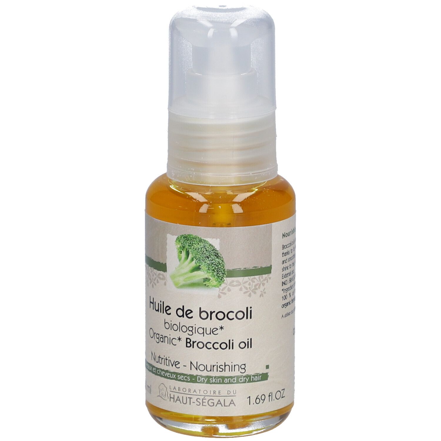 Flacon d'huile de brocoli. Inscription : Huile de brocoli biologique, Nutritive, Peaux et cheveux secs. Avec vaporisateur.