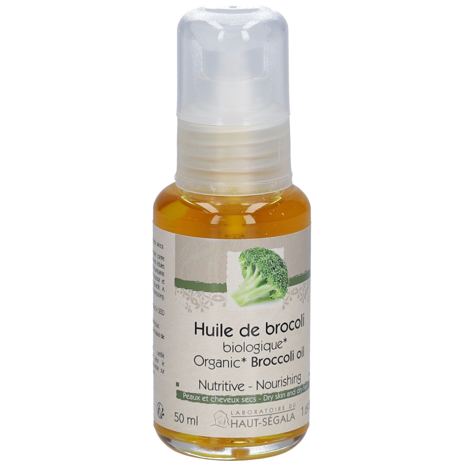 Flacon d'huile de brocoli. Inscription : Huile de brocoli biologique, Nutritive, Peaux et cheveux secs. Avec vaporisateur.