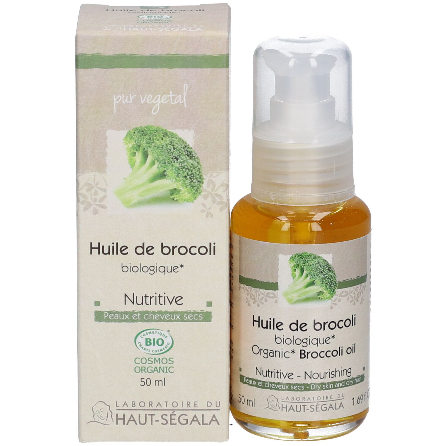 Flacon d'huile de brocoli. Inscription : Huile de brocoli biologique, Nutritive, Peaux et cheveux secs. Avec vaporisateur.