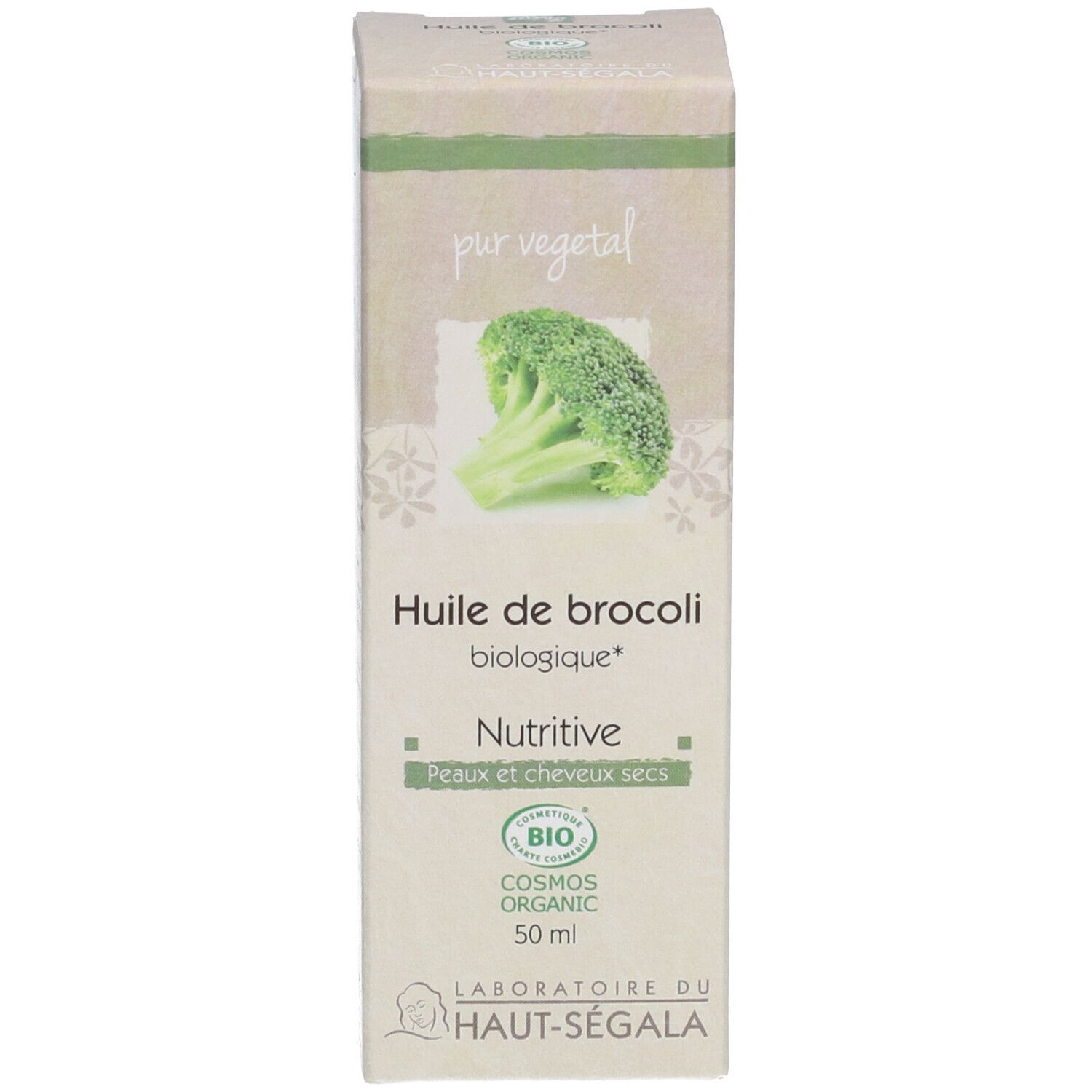 Boîte d'huile de brocoli. Inscription : Huile de brocoli biologique, Nutritive, Peaux et cheveux secs. Label bio.