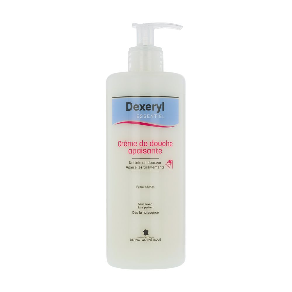 Flacon blanc avec pompe. Inscription: Dexeryl essentiel, Crème de douche apaisante. Drapeau français.