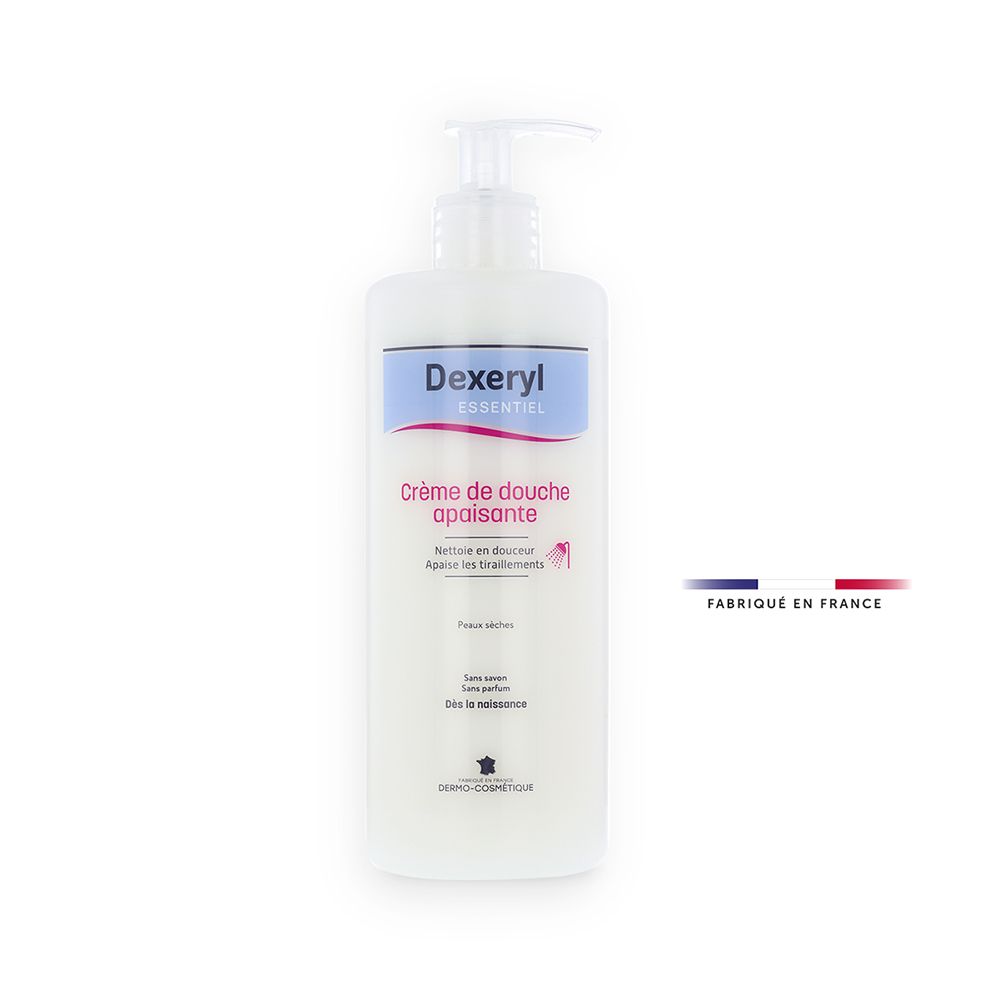 Flacon blanc avec pompe. Inscription: Dexeryl essentiel, Crème de douche apaisante. Drapeau français.