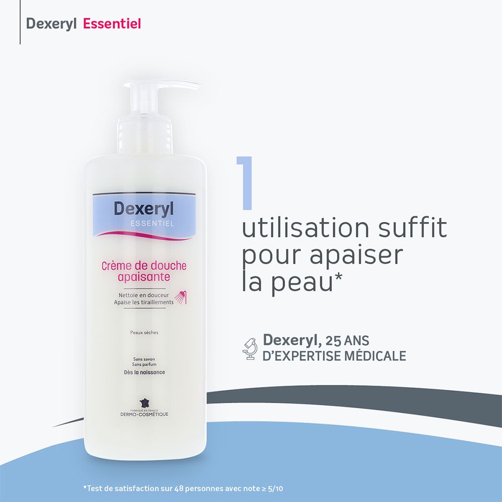 Flacon blanc avec pompe. Inscription: Dexeryl essentiel, Crème de douche apaisante. Texte et logo.
