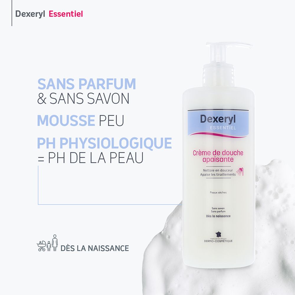 Flacon blanc avec pompe. Inscription: Dexeryl essentiel, Crème de douche apaisante. Mousse.